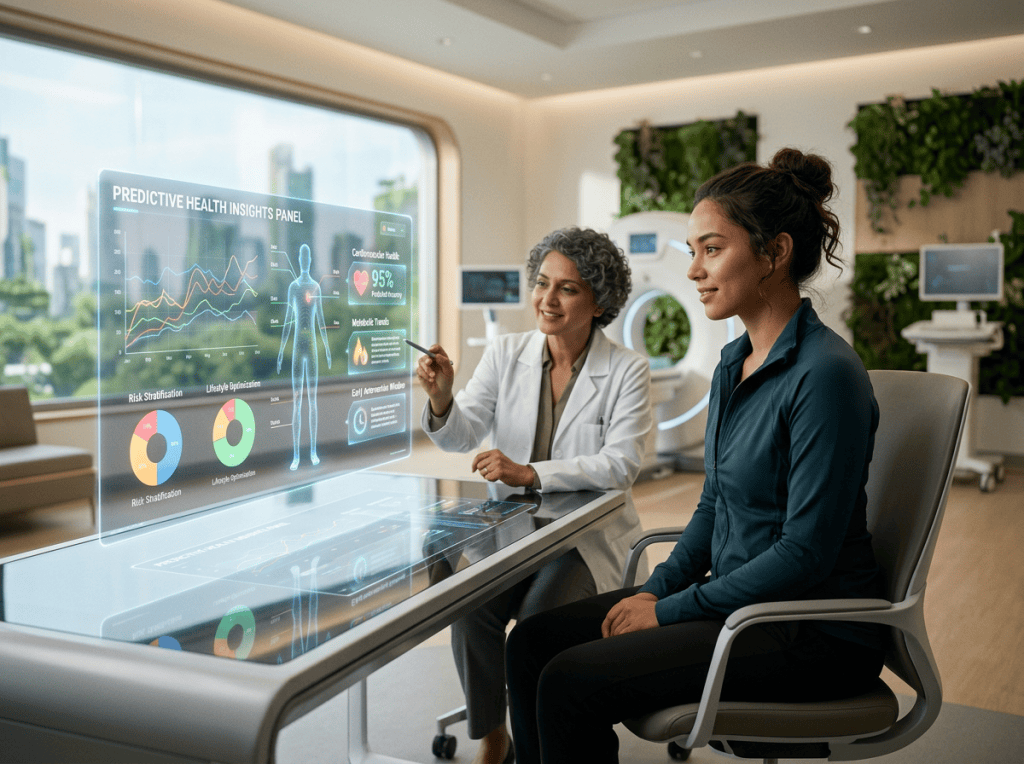 Clinician and patient reviewing a predictive health insights panel