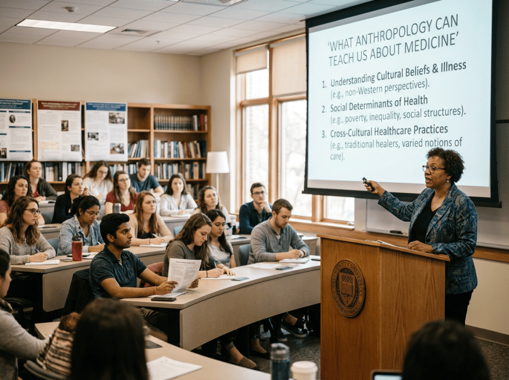Lecture slide titled “What Anthropology Can Teach Us About Medicine” lists cultural beliefs, social determinants of health, and cross-cultural healthcare practices.