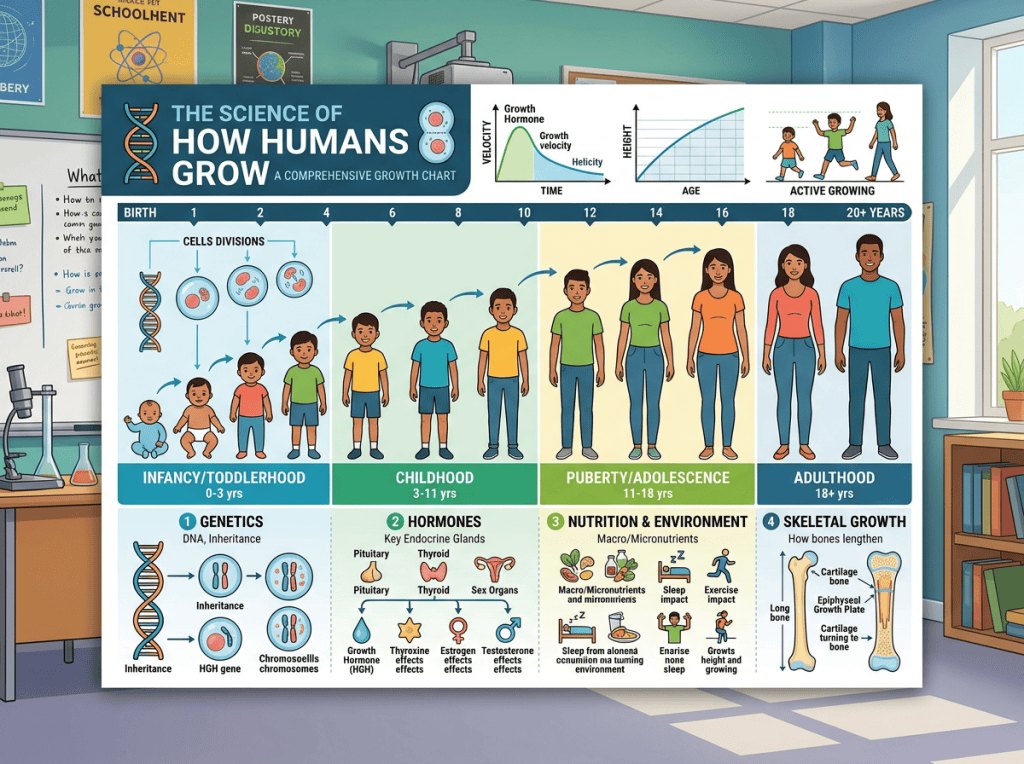 Human growth chart showing stages from birth through adulthood