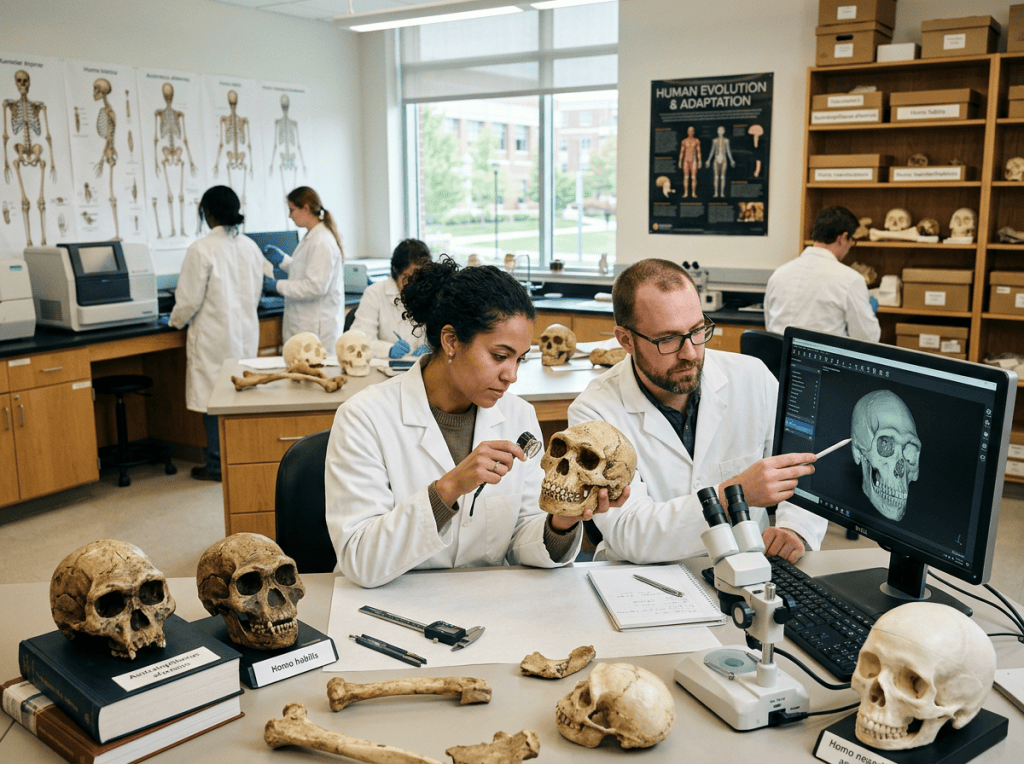 Researchers studying human skulls and bones beside a 3D skull scan
