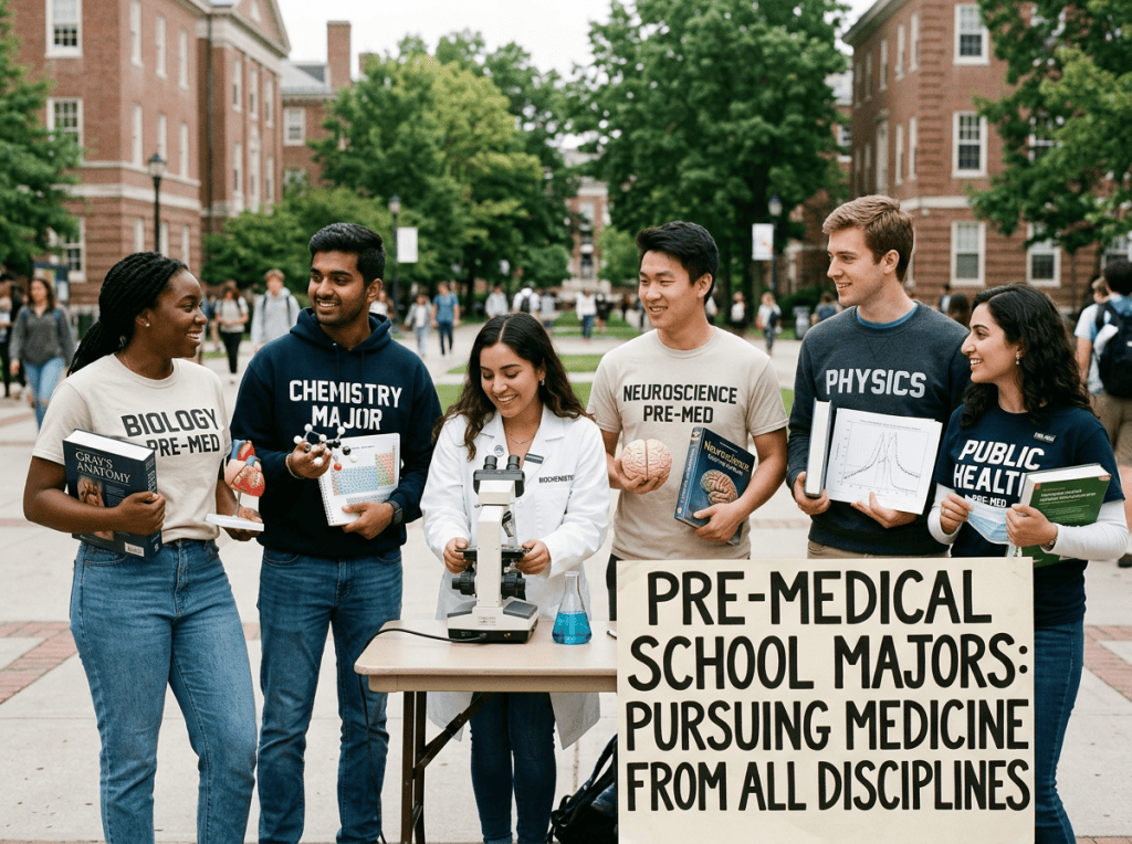 Students display pre-medical majors sign and science materials on campus